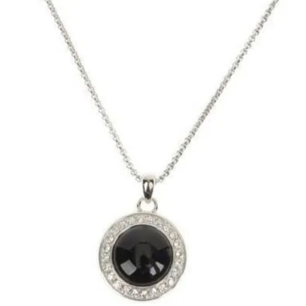 Designer Colleen Lopez Black Onyx Cabochon & White Topaz Pendant, 18" Chain